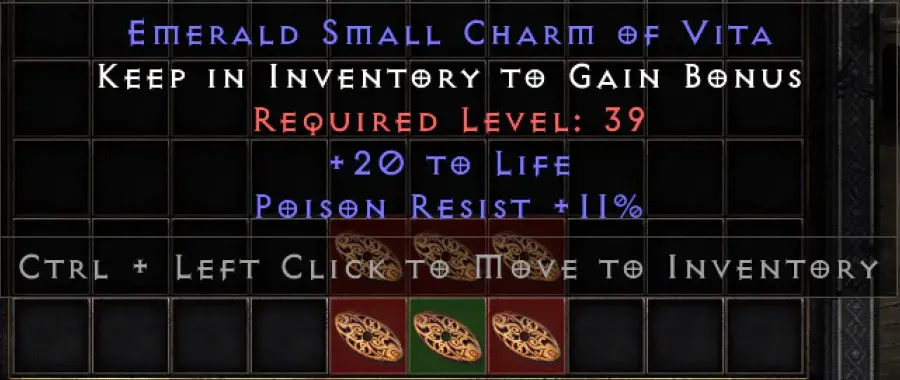 Emerald Small Charm Of Vita 20 Life 11 Poison Resist D2r