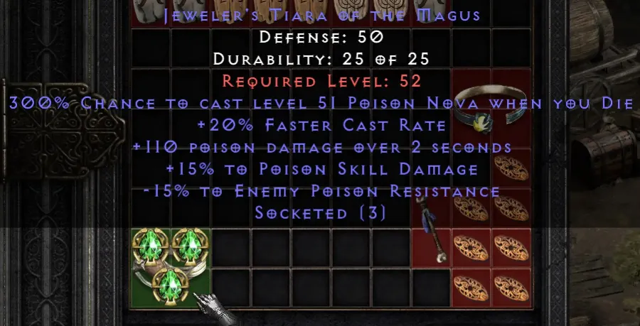 Jewelers Tiara Of The Magus 3 Sockets Poison Die Facets D2r