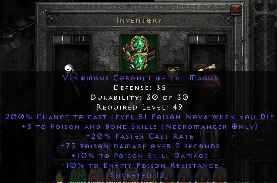 3 Poison Bone Necro 10 Poison Skill Damage 20 Faster Cast Rate Helm