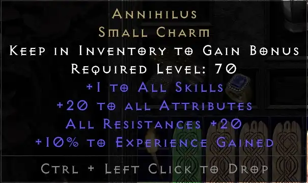 Annihilus Small Charm 20 Attributes 20 Resistances 10 Experience