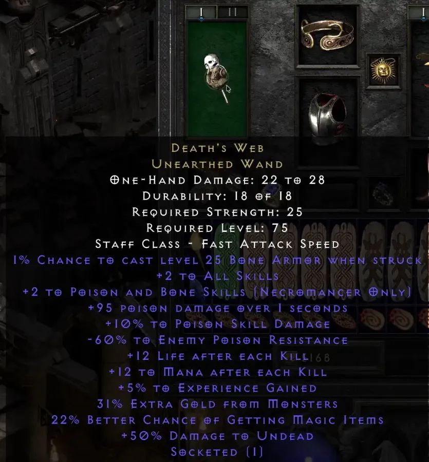Deaths Web 10 Poison Skill 12 Life Mana 60 Resistance 4 Necro Skills