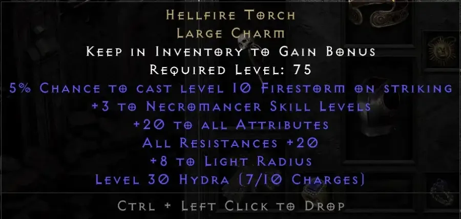 Hellfire Torch Large Charm Necromancer 20 Attributes 20 Resistances