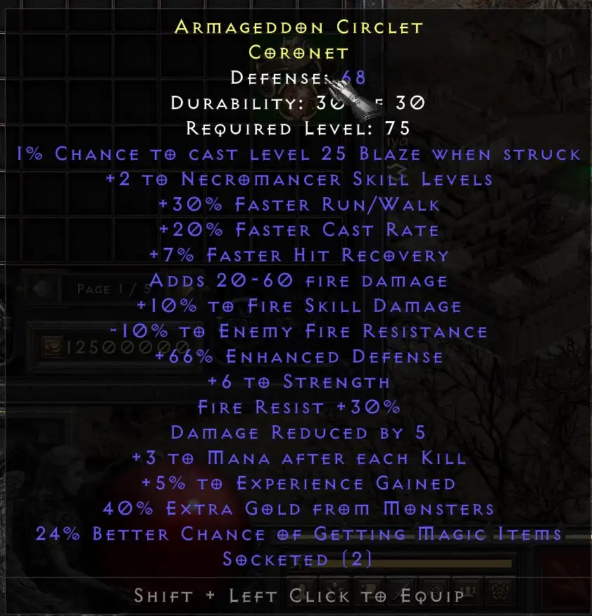 Necromancer Armageddon Circlet 2 Skills 30 Faster Run Walk 20 Faster Cast Rate 2 Sockets