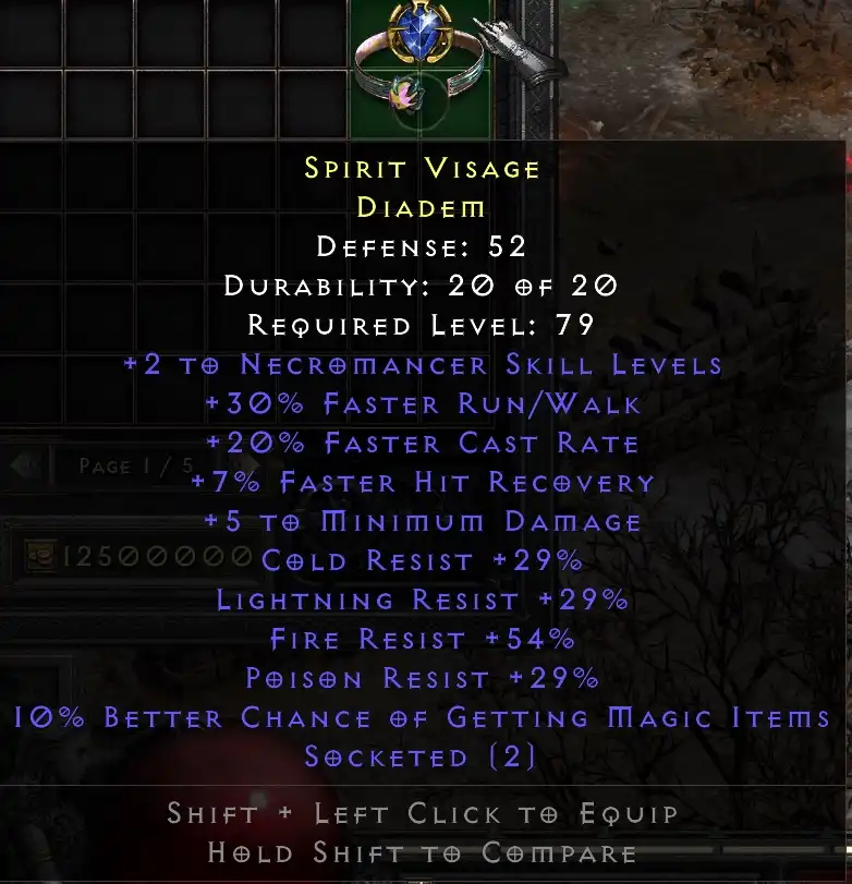 Necromancer Spirit Visage Diadem Circlet 2 Skills 30 Faster Run Walk 20 Faster Cast Rate 2 Sockets